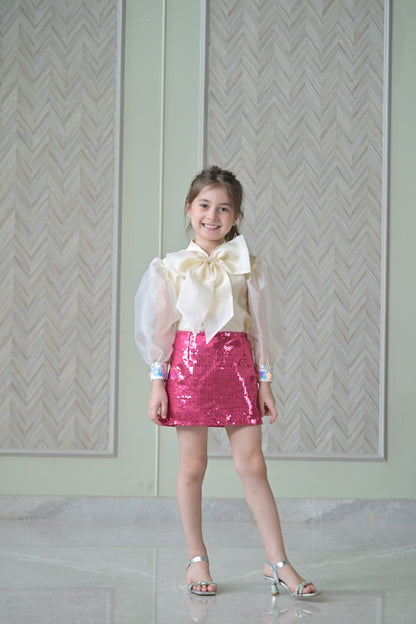 Ivory Bow Organza Top With Rani Pink Sequence Skirt Set