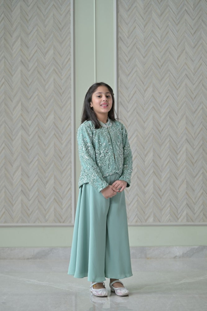 English Green Sequence Jacket Sharara Set