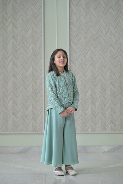 English Green Sequence Jacket Sharara Set