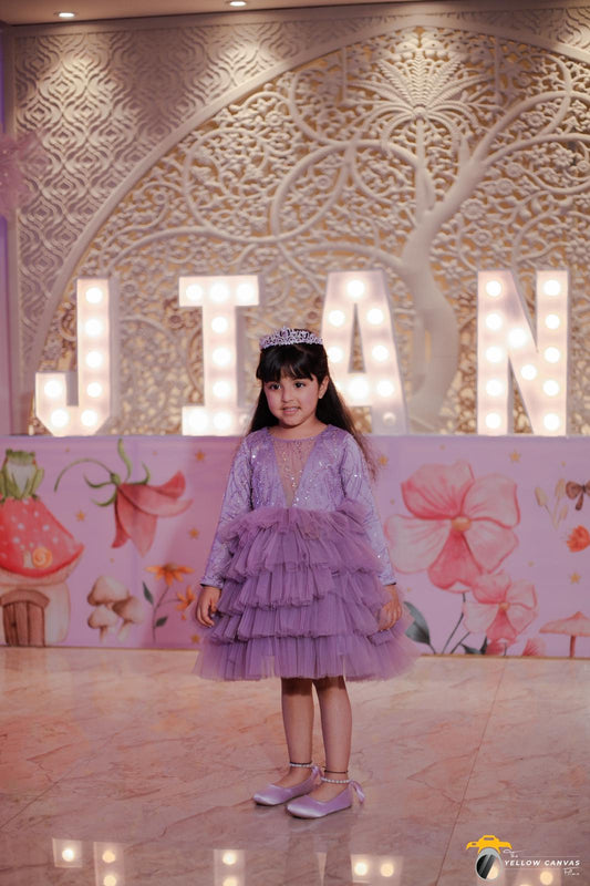 Lavender Sequence Multilayer Dress With Trail