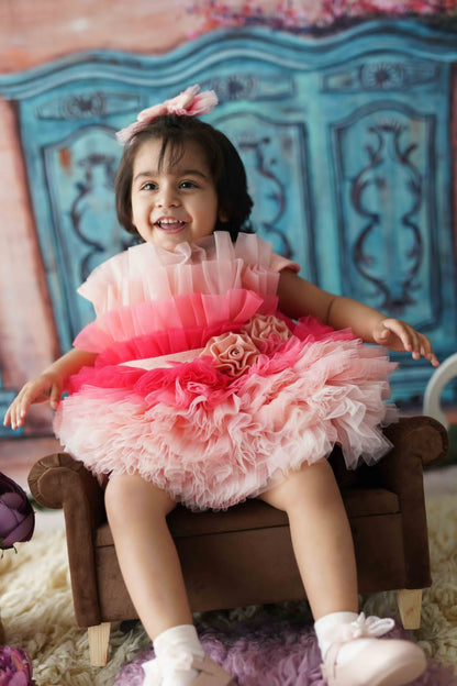 Shades Of Pink Multilayer Net Glitter Roses Dress