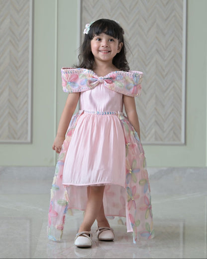 Baby Pink Organza Bow Charm dress With Floral Back Flair