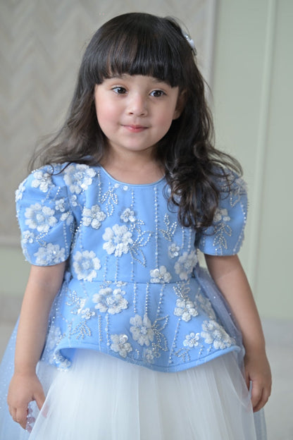 Powder Blue Ivory Sequence Peplum Dress With Back Flair