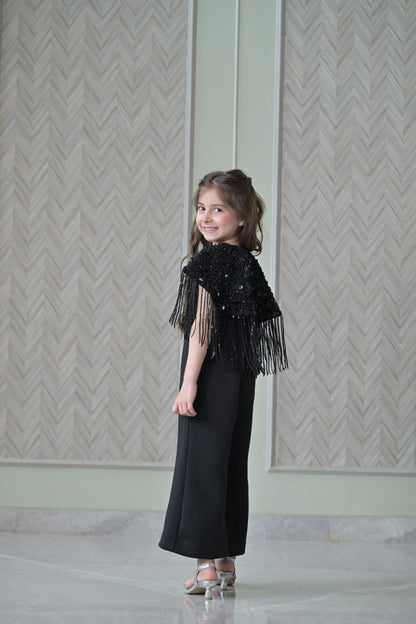 Black Sequence Shoulder Cape Jumpsuit