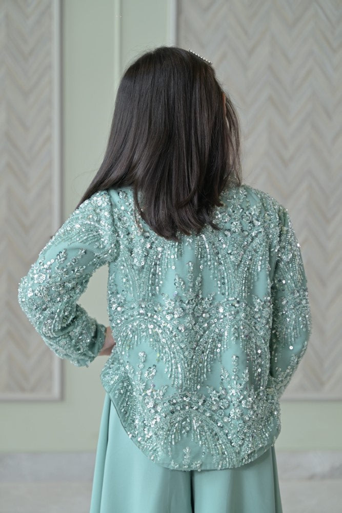 English Green Sequence Jacket Sharara Set