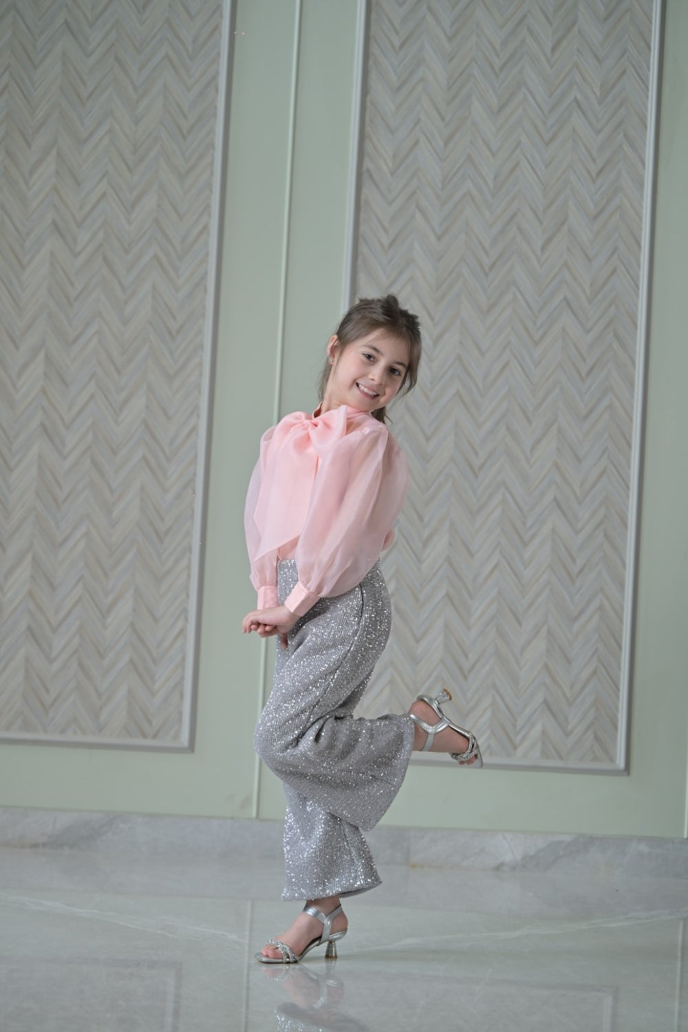 Peach Bow Organza Top With Silver Sequence Trousers Set