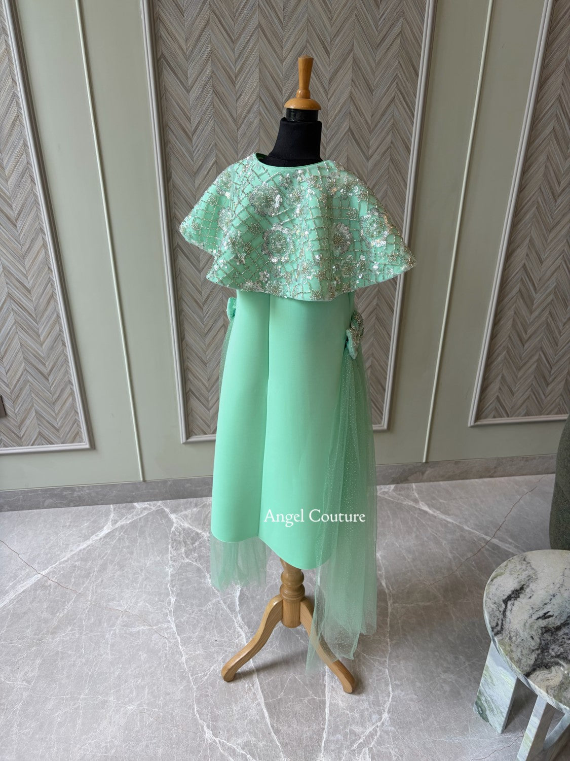 Mint Green Sequence Cape Sie Flair Dress