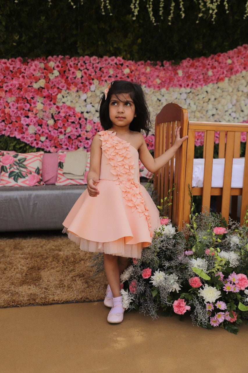 Peach One Shoulder Falling Flowers Dress