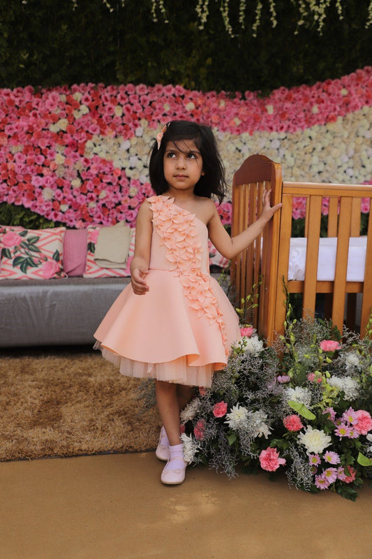 Peach One Shoulder Falling Flowers Dress