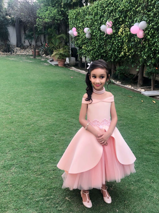 Baby Pink Offshoulder Lace Short Long Gown