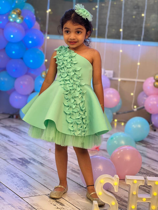 Mint Green One Shoulder Falling Flowers Dress