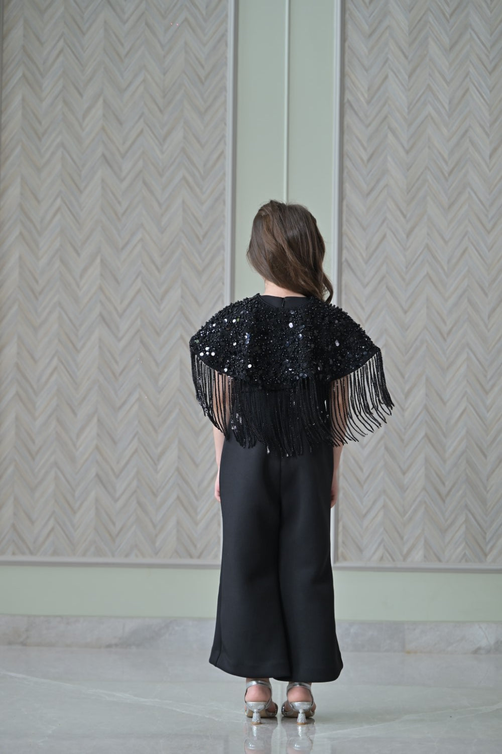 Black Sequence Shoulder Cape Jumpsuit