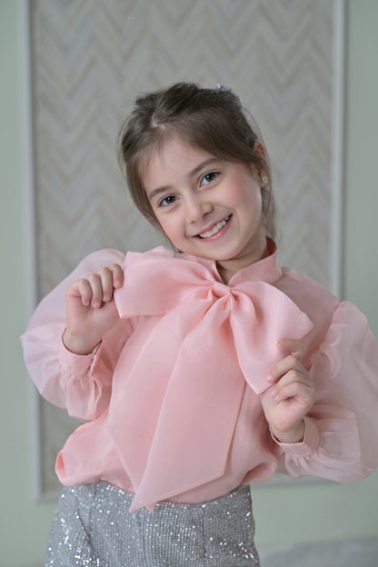 Peach Bow Organza Top With Silver Sequence Trousers Set