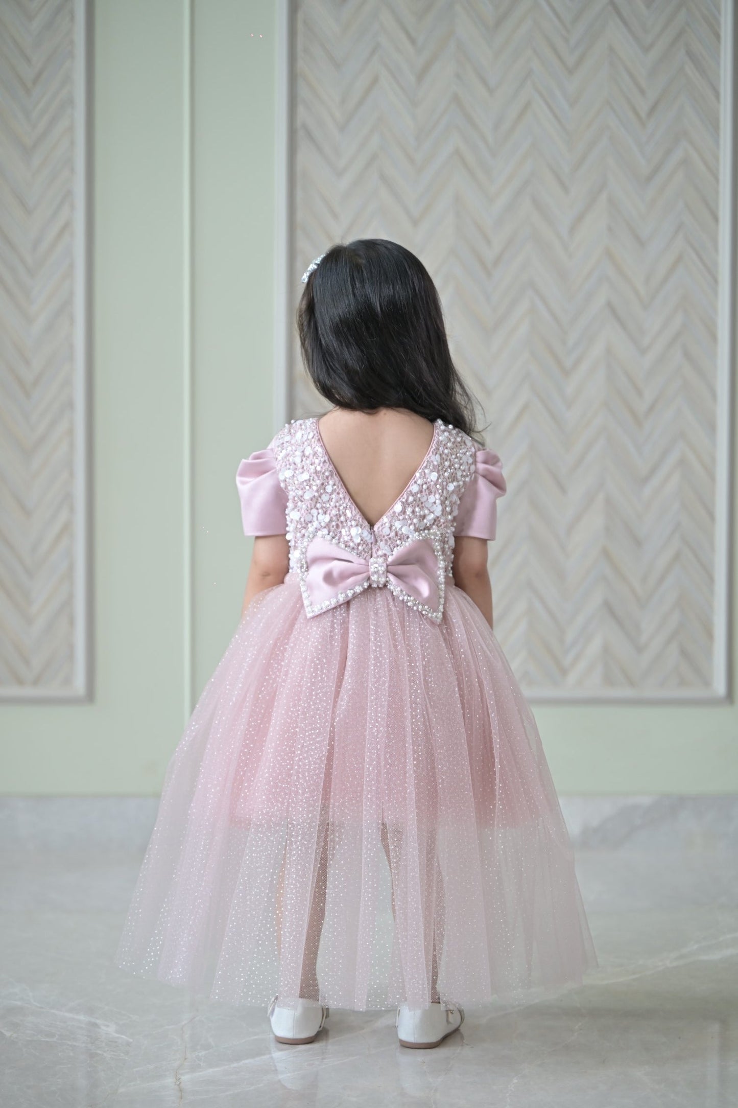 Nude Satin Pearl Dress With Back Flair