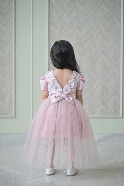 Nude Satin Pearl Dress With Back Flair