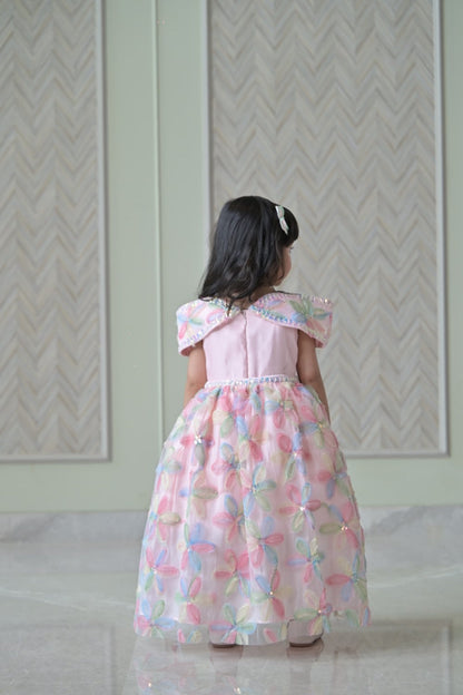 Baby Pink Organza Bow Charm dress With Floral Back Flair