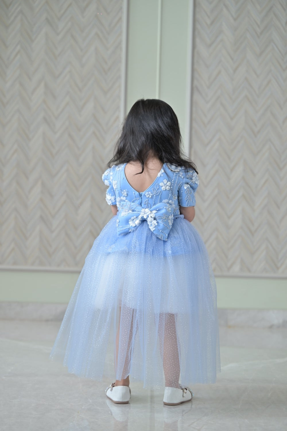 Powder Blue Ivory Sequence Peplum Dress With Back Flair