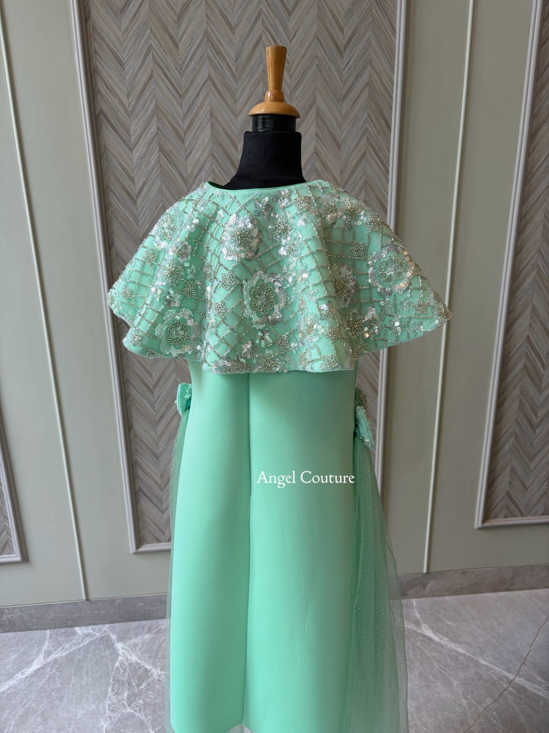 Mint Green Sequence Cape Sie Flair Dress