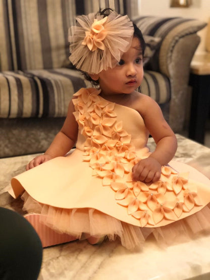 Peach One Shoulder Falling Flowers Dress