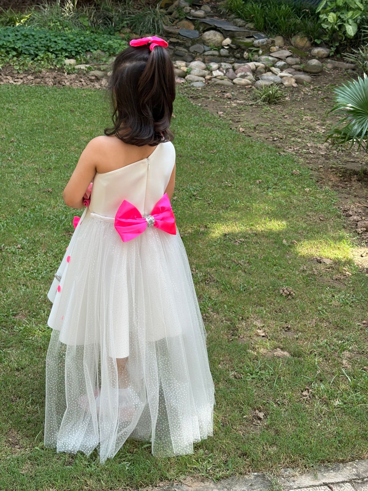 Ivory Polka Sequence One Shoulder Bows Flair Dress