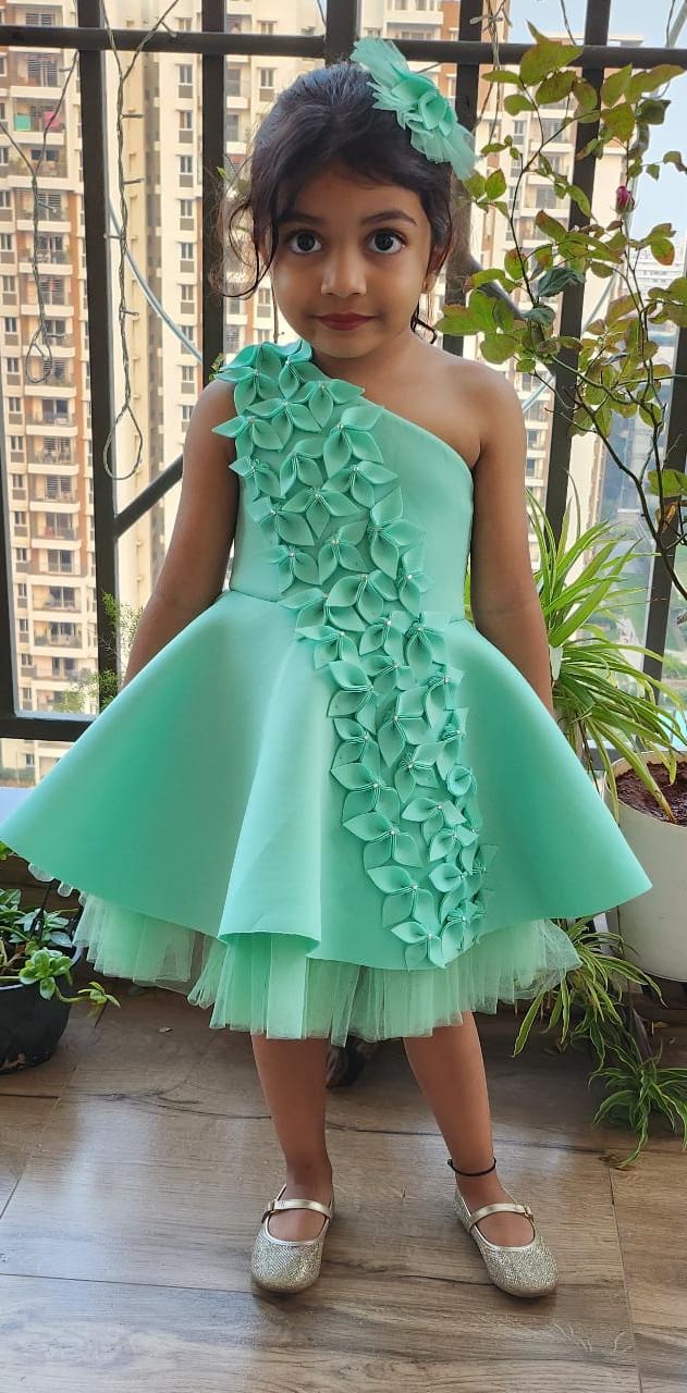 Mint Green One Shoulder Falling Flowers Dress