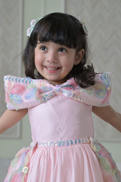 Baby Pink Organza Bow Charm dress With Floral Back Flair