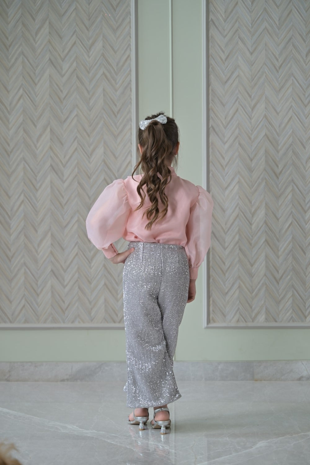 Peach Bow Organza Top With Silver Sequence Trousers Set