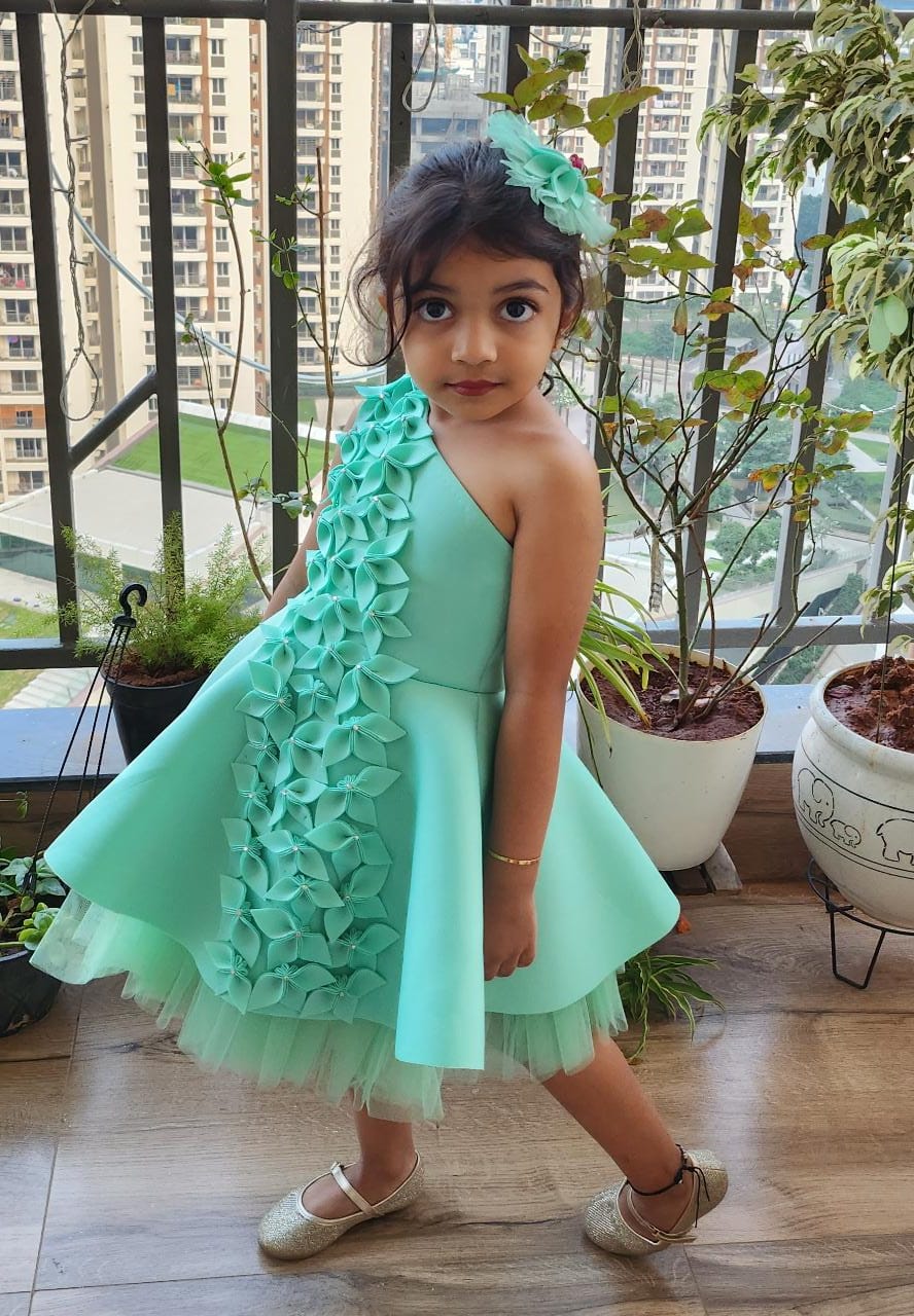 Mint Green One Shoulder Falling Flowers Dress