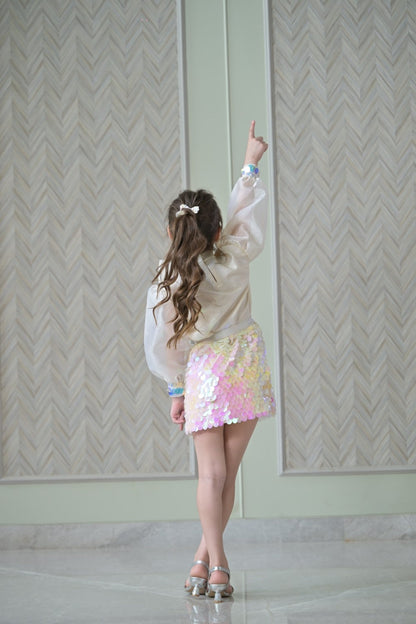 Ivory Bow Organza Top With Sequence Skirt Set