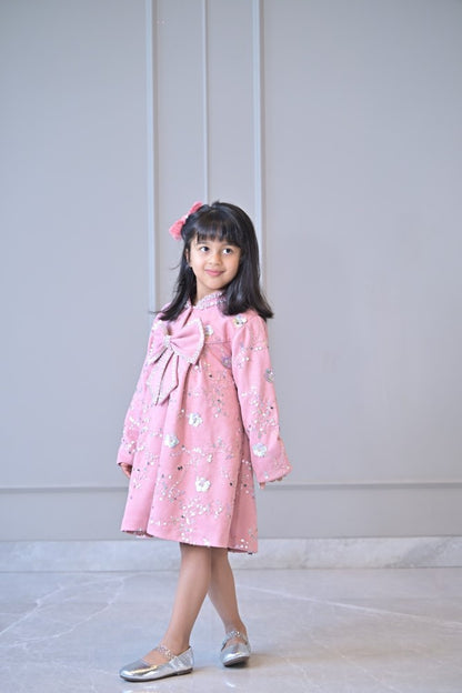 Lotus Pink Suede Velvet Embroidered Coat Dress