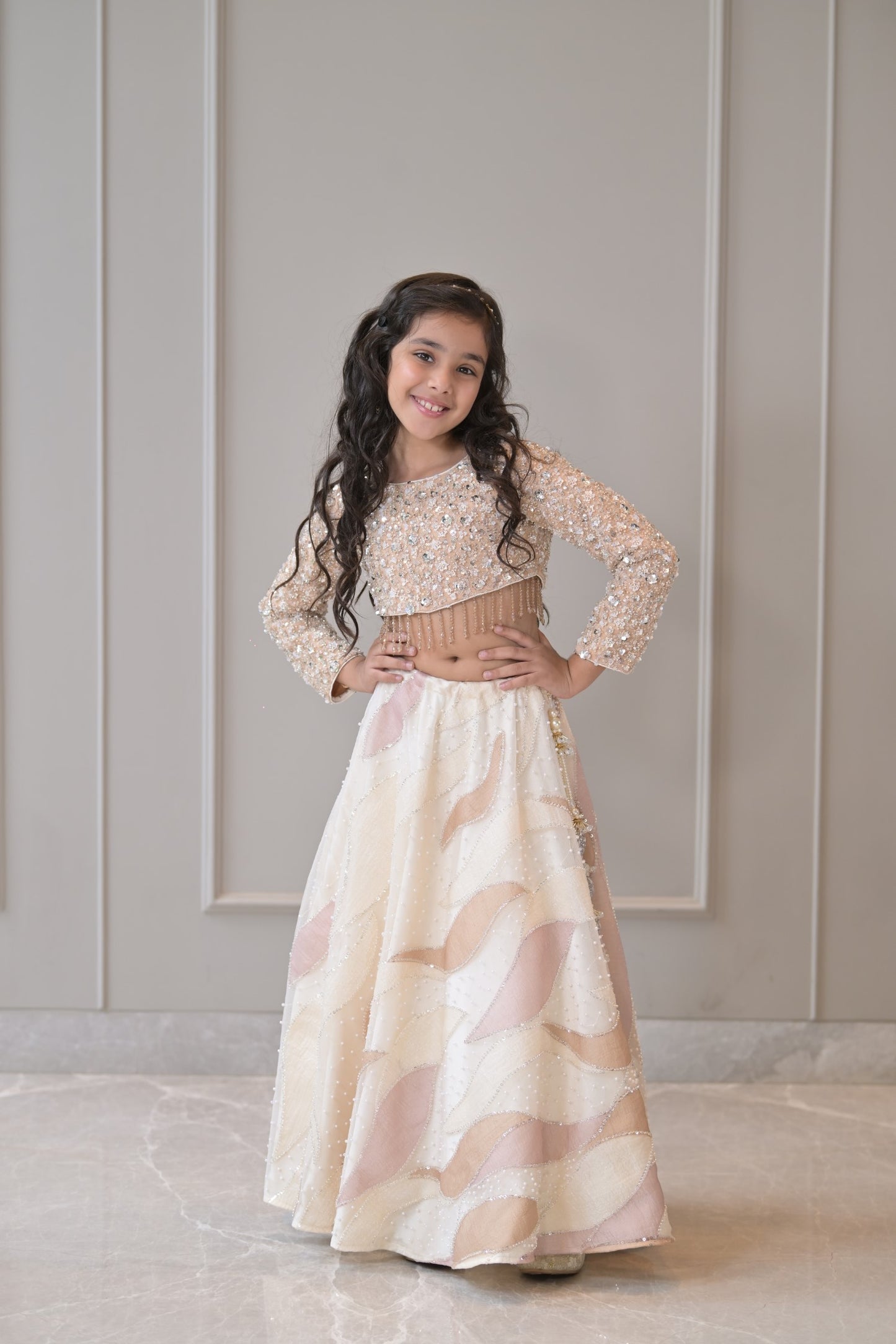 Ivory Pearl Pastel Gold Sequnece Lehenga Set