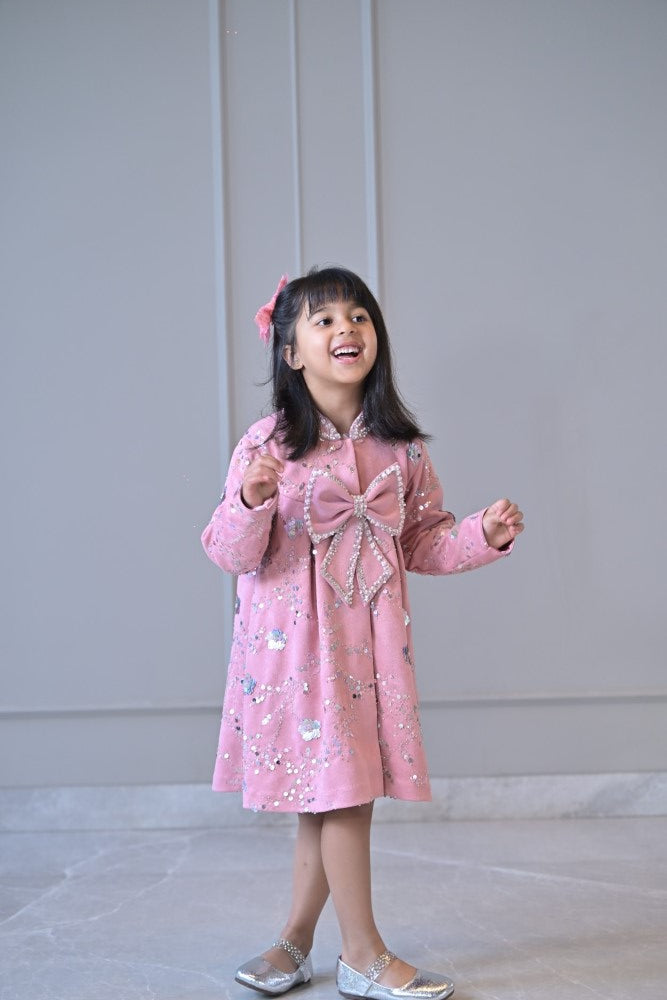 Lotus Pink Suede Velvet Embroidered Coat Dress