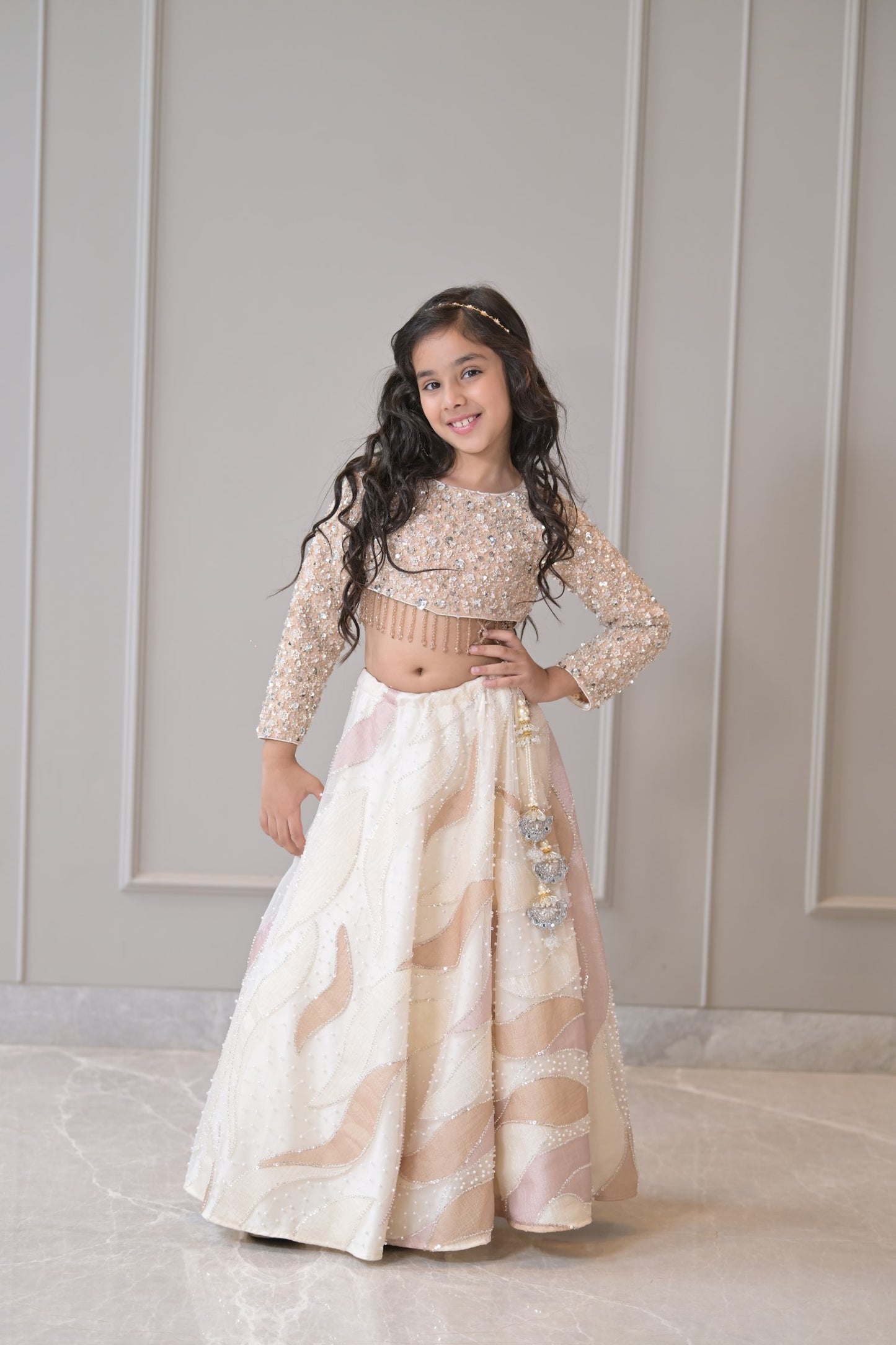 Ivory Pearl Pastel Gold Sequnece Lehenga Set