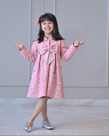 Lotus Pink Suede Velvet Embroidered Coat Dress