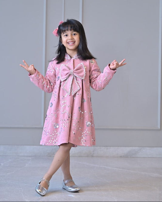 Lotus Pink Suede Velvet Embroidered Coat Dress