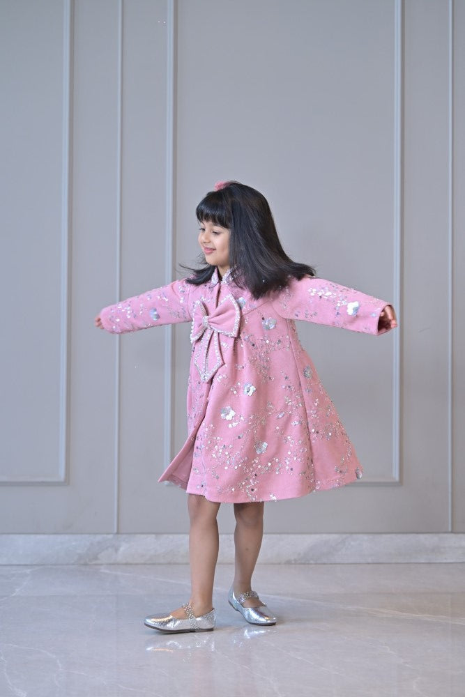 Lotus Pink Suede Velvet Embroidered Coat Dress