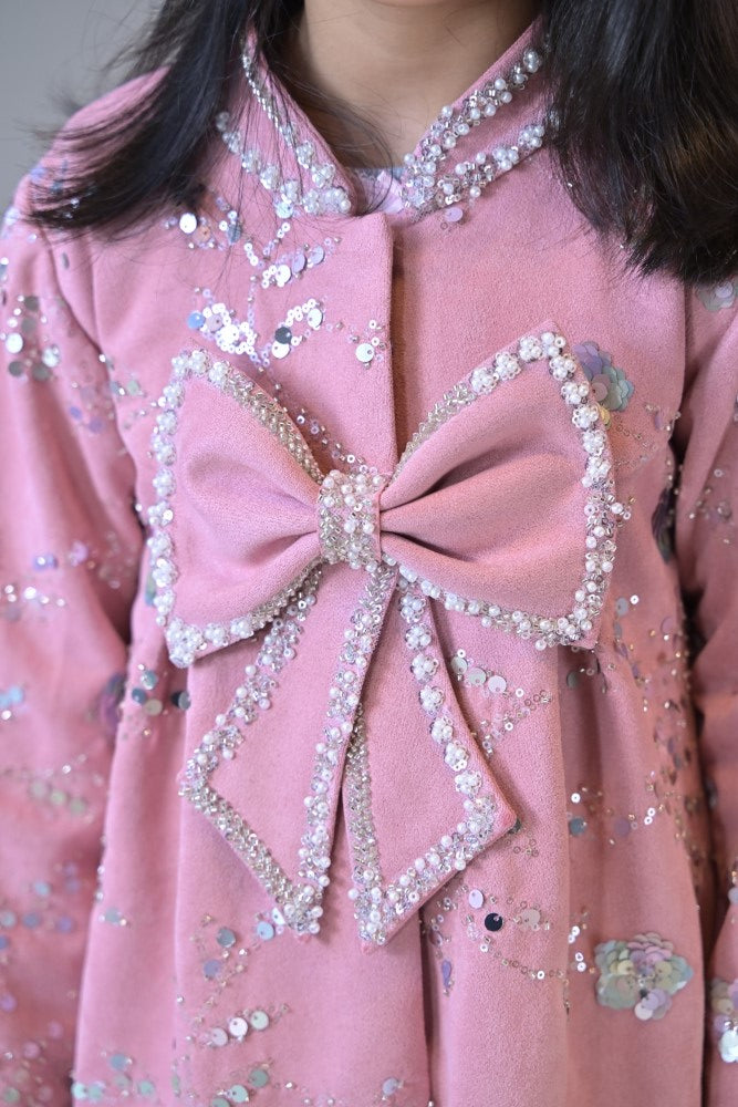 Lotus Pink Suede Velvet Embroidered Coat Dress