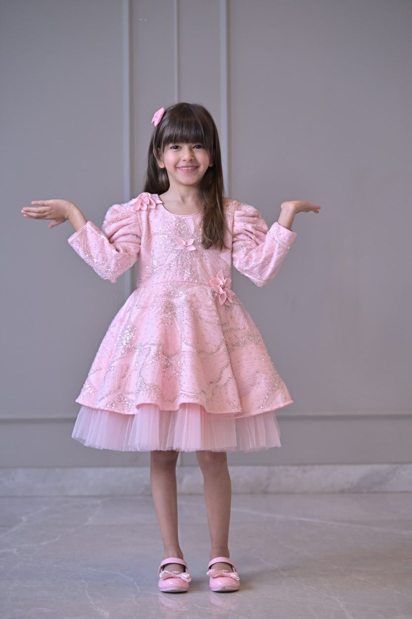 Baby Pink Sequence 3D Flowers Full Peplum Dress