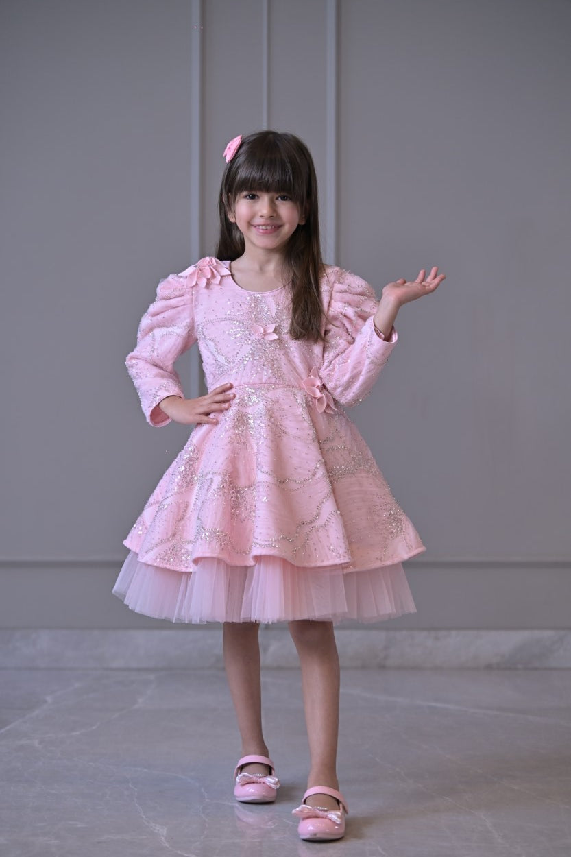 Baby Pink Sequence 3D Flowers Full Peplum Dress