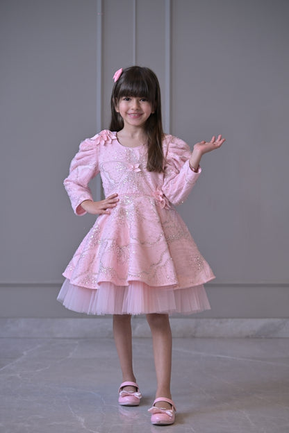 Baby Pink Sequence 3D Flowers Full Peplum Dress