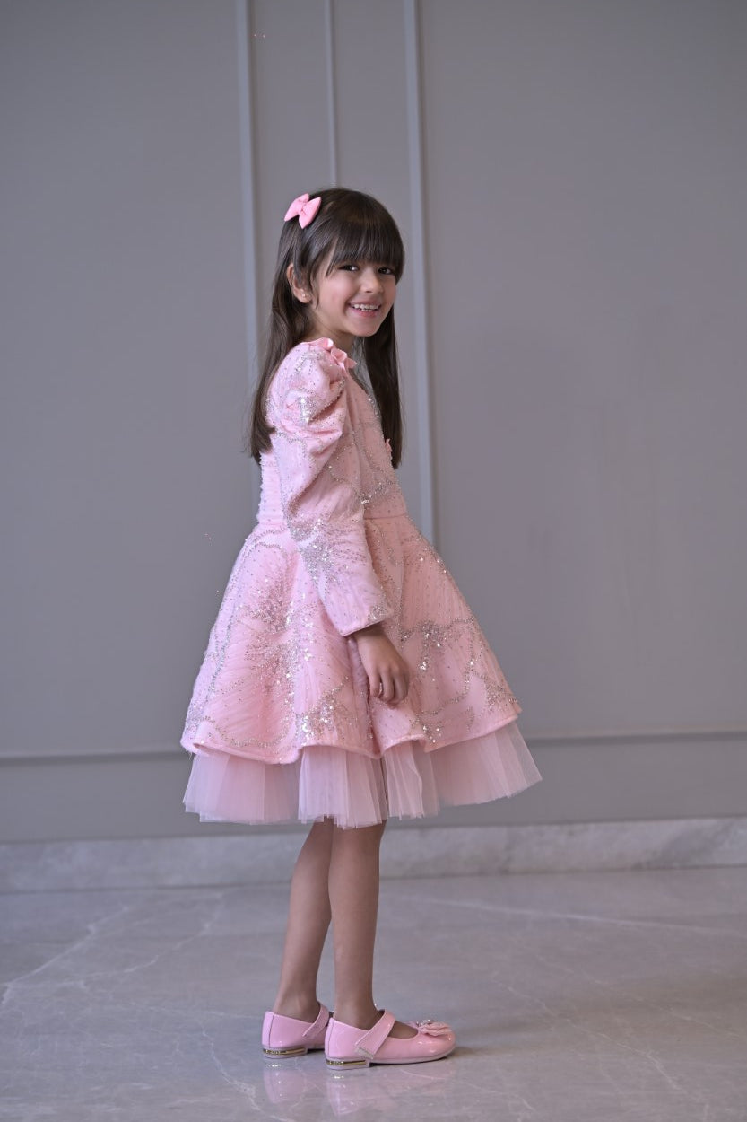 Baby Pink Sequence 3D Flowers Full Peplum Dress