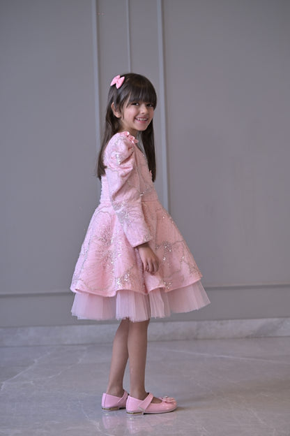 Baby Pink Sequence 3D Flowers Full Peplum Dress