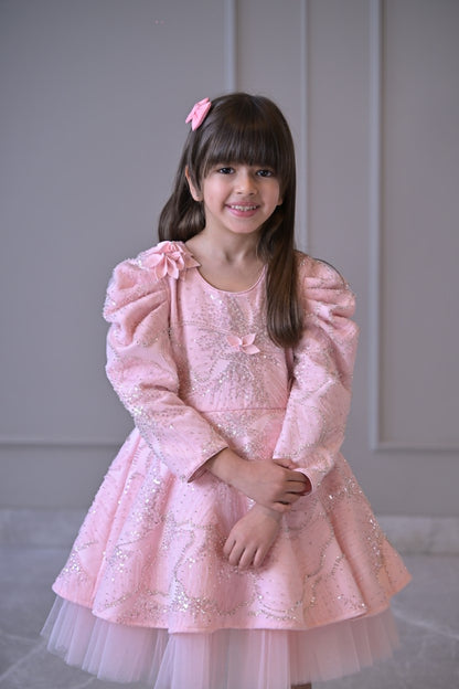 Baby Pink Sequence 3D Flowers Full Peplum Dress