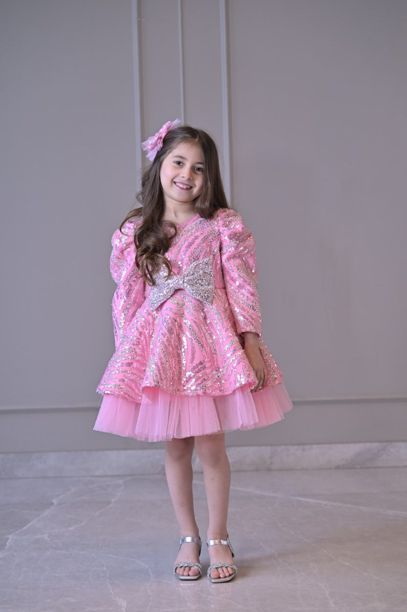 Lotus Pink Silver Sequence Full Peplum Dress