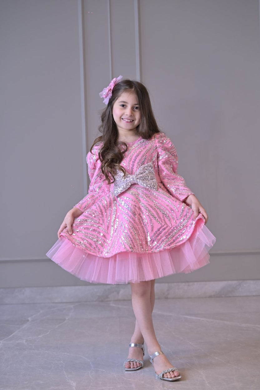 Lotus Pink Silver Sequence Full Peplum Dress