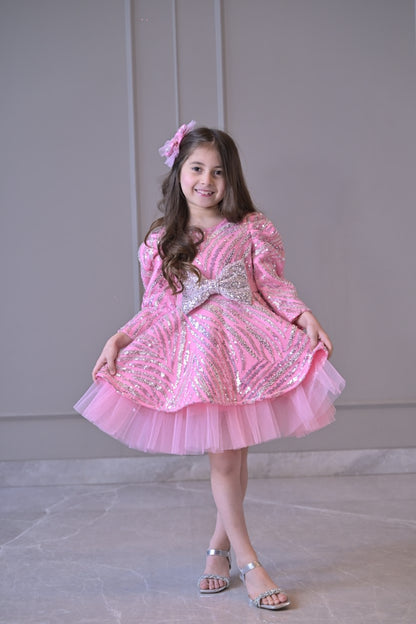 Lotus Pink Silver Sequence Full Peplum Dress