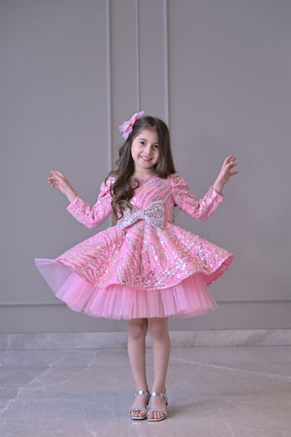 Lotus Pink Silver Sequence Full Peplum Dress