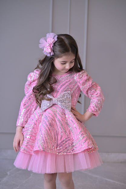 Lotus Pink Silver Sequence Full Peplum Dress