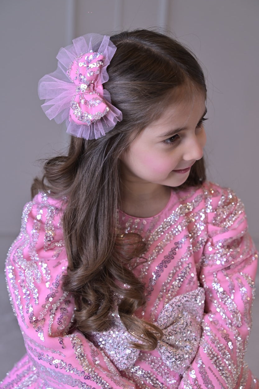 Lotus Pink Silver Sequence Full Peplum Dress