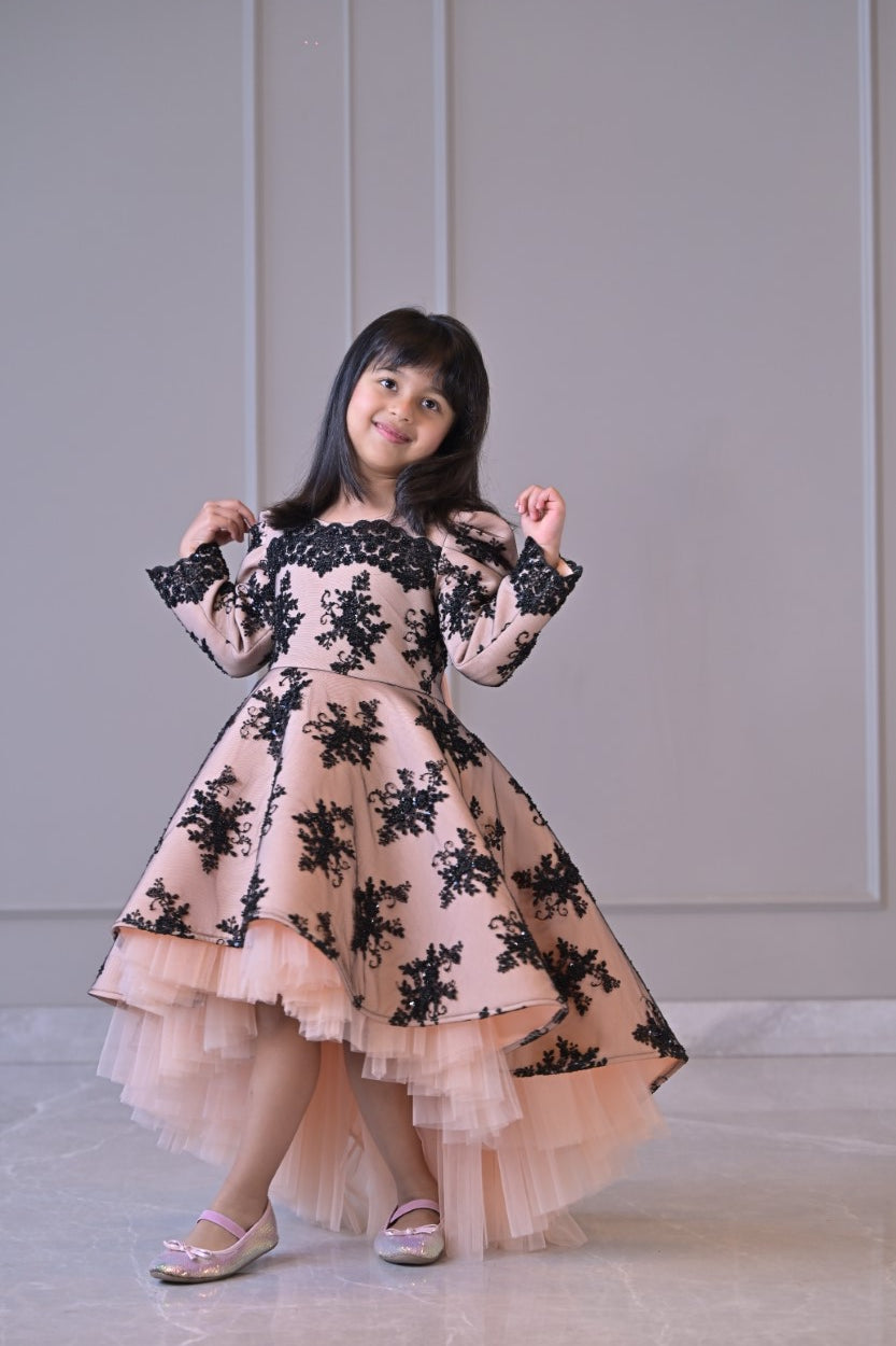 Peach Black Sequence Short Long Gown